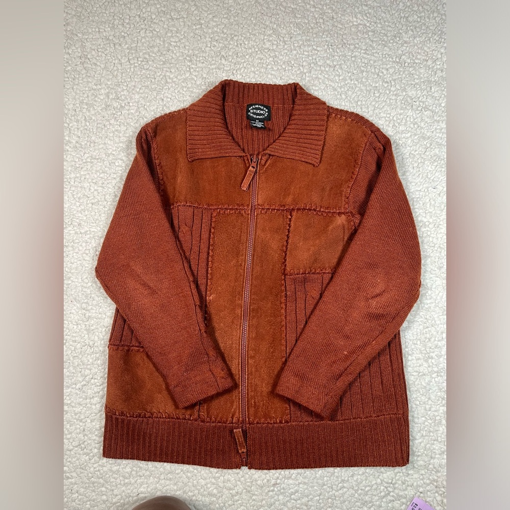 Designer Studio Originals Size M Sweater Leather Suede Jacket Brown Patchwork